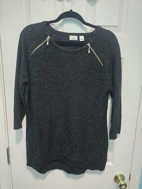 Cato Black Metallic Knit Sweater with Gold Zipper Accents